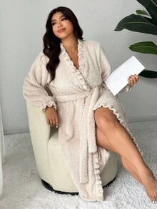Dazy Plus Thermal Lined Plus Size Women Long Fluffy Robe, Fashion Sleepwear For Autumn/Winter, Cozy - Apricot - View 8