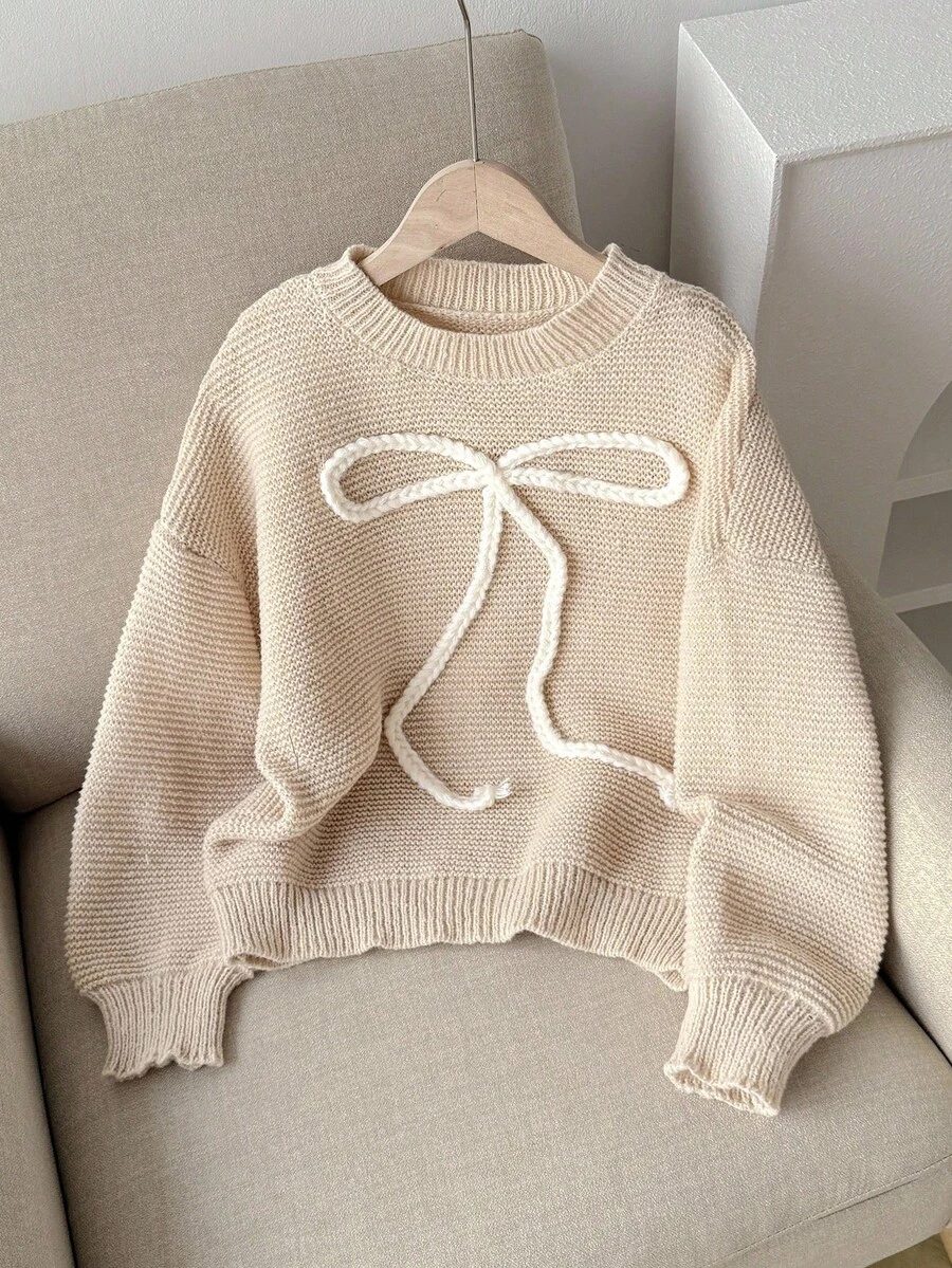 SHEIN Tween Girls' Sweater With Bow Embroidery, Sweet Casual Versatile Daily Wear, Soft & Comfortable - Apricot - View 1