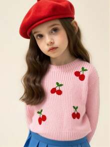 Sparklyn Young Girls Casual And Cute Pink Knitted Long-Sleeved Sweater With Cherry Embroidery Patterns Is Soft And Comfortable. It Is Suitable For Daily Life, Traveling, Vacation, Home, Nursery And Children's Play. It Is Suitable For Autumn And Winter, Christmas, School Opening And Parties. It Is Versatile For Autumn And Winter Clothing . Girls Clothes - Pink - View 8