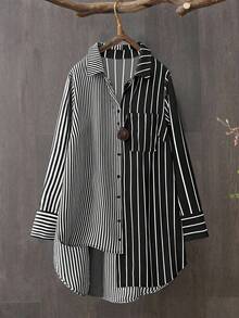 SHEIN Tall Tall Series Women Patchwork Striped Asymmetrical Hem Long Sleeve Shirt - Black and White - View 1
