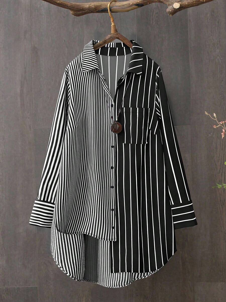 SHEIN Tall Tall Series Women Patchwork Striped Asymmetrical Hem Long Sleeve Shirt - Black and White - View 1