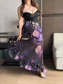 Vibekara Plus Size Elegant Waist Cinched Mermaid Hem Vintage Print A-Line Skirt Purple Floral Dress - Multicolor - View 5