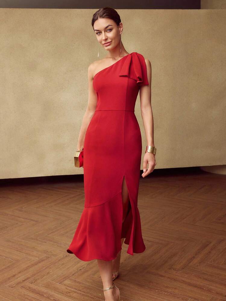 BOW DETAIL SPLIT THIGH MERMAID HEM DRESS, FOR FALL/WINTER, CHRISTMAS DRESS, RED DRESS, NEW YEAR DRESS