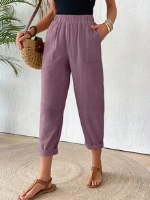 EMERY ROSE Pantaloni de damă din bumbac, cu talie elastică, culoare solidă, cu buzunar, casual