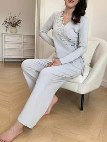 DAZY 女士舒适拉绒针织蕾丝边开衫睡衣套装，秋冬季，舒适保暖的秋季服装 - 灰色 - 查看 6