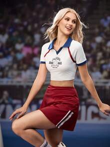SHEIN Sports 女式彩色块字母印花短款运动 Polo 衫 - 白色 - 查看 1