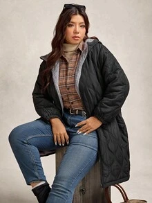 Zelara 大码女式连帽保暖长款羽绒服，温暖休闲冬季女式外套，时尚女式外套，秋冬季女式外套，大码女式外套，大码外套，绗缝外套，秋季女式外套，冬季女式外套，外出上衣，外出女式乡村风拉链连帽黑色外套，连帽拉链外套，女士冬季拉链外套，女士冬季外套，黑色上衣，感恩节外套 - 黑色 - 查看 3