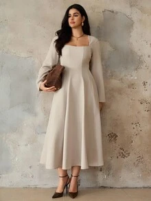 Roveilla Đầm midi tay dài xẻ tà cổ vuông thanh lịch, trang trọng, công sở, đi làm, tiệc tùng, nghỉ dưỡng, lãng mạn kiểu Sicilia cổ điển dành cho giáo viên cỡ lớn, màu mơ - Màu be - Xem 3