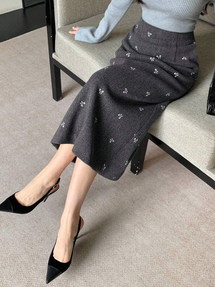 Women's Bow Print Backless Slit Elegant Skirt Fall Winter Women Skirts