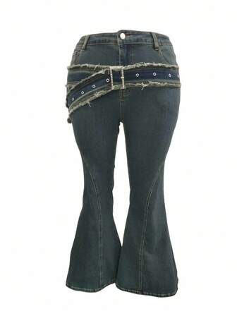 Grunge Punk Jeans en denim vintage délavé avec poche en forme d'étoile à cinq branches pour grande taille, automne/hiver. Jeans affinants avec design panneauté pour grande taille, automne/hiver. Pantalon en denim pour grande taille, automne/hiver. Bas en denim sexy pour soirée et tenue de rue