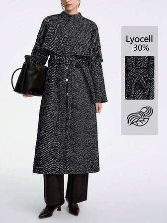 SHEIN Stylify Damen Lässiger Mantel mit langen Ärmeln, geraffter Taille, hohem Kragen und Fischgrätmuster, geeignet als Oberbekleidung