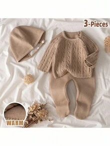 Loomiva Bộ 3 món cho bé sơ sinh: Áo len mềm màu trơn cổ tròn tay dài, quần cạp chun và mũ - Màu be - Xem 1