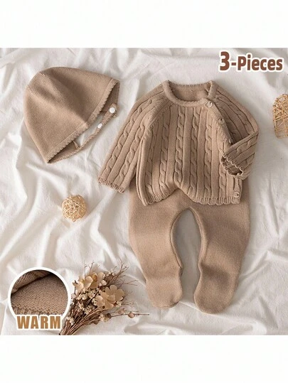 Loomiva 新生儿三件套：柔软针织纯色圆领长袖上衣、松紧腰裤和帽子