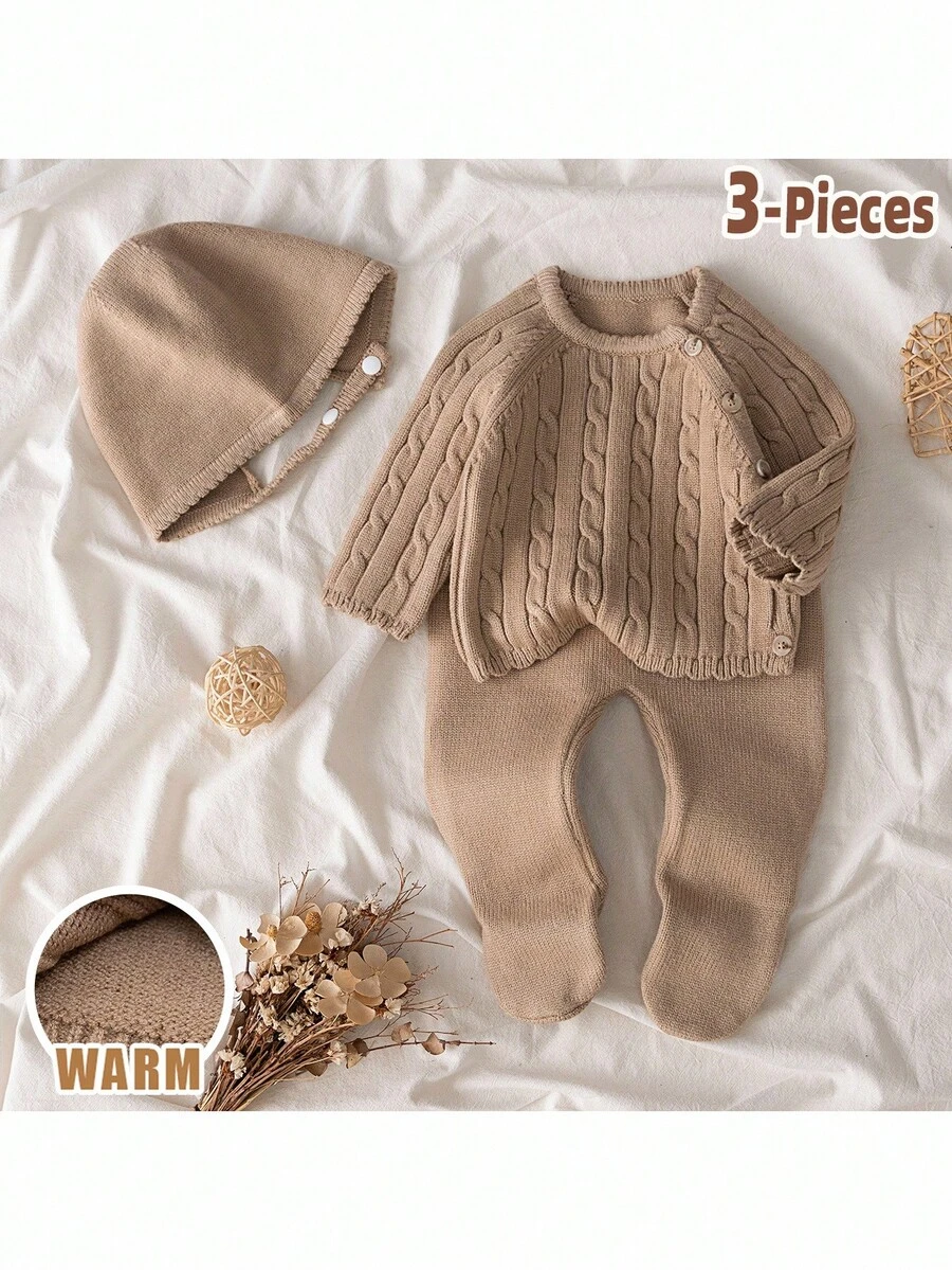Loomiva Bộ 3 món cho bé sơ sinh: Áo len mềm màu trơn cổ tròn tay dài, quần cạp chun và mũ - Màu be - Xem 1