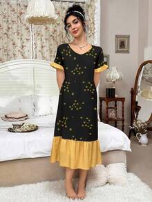 CottageSlumber Contrast Color Ruffle Hem Floral Print V-Neck Short Sleeve Nightgown - Black - View 1