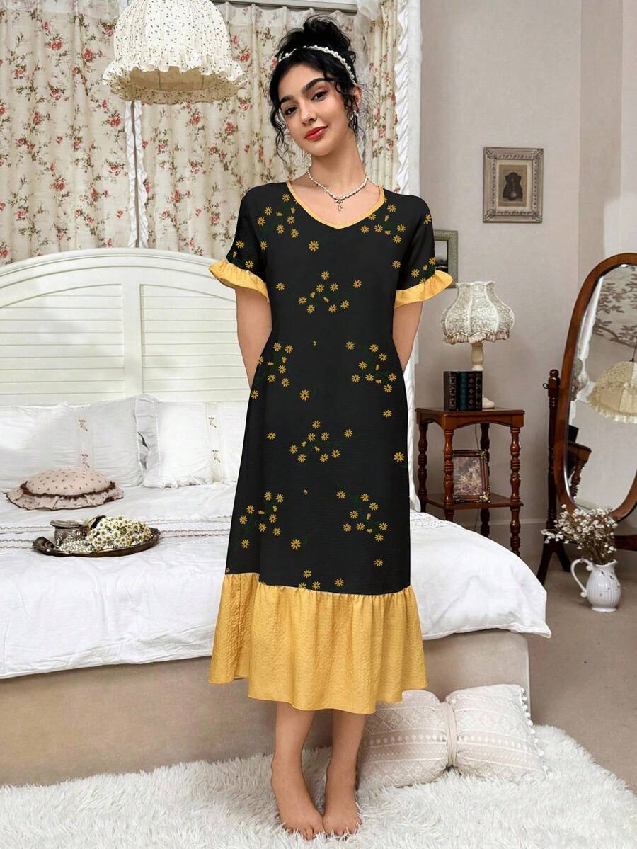 CottageSlumber Contrast Color Ruffle Hem Floral Print V-Neck Short Sleeve Nightgown - Black - View 1