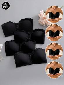 SHEIN Bộ 4 áo ngực màu đen cài trước dành cho nữ có mút đệm có thể tháo rời - màu đen - Xem 4