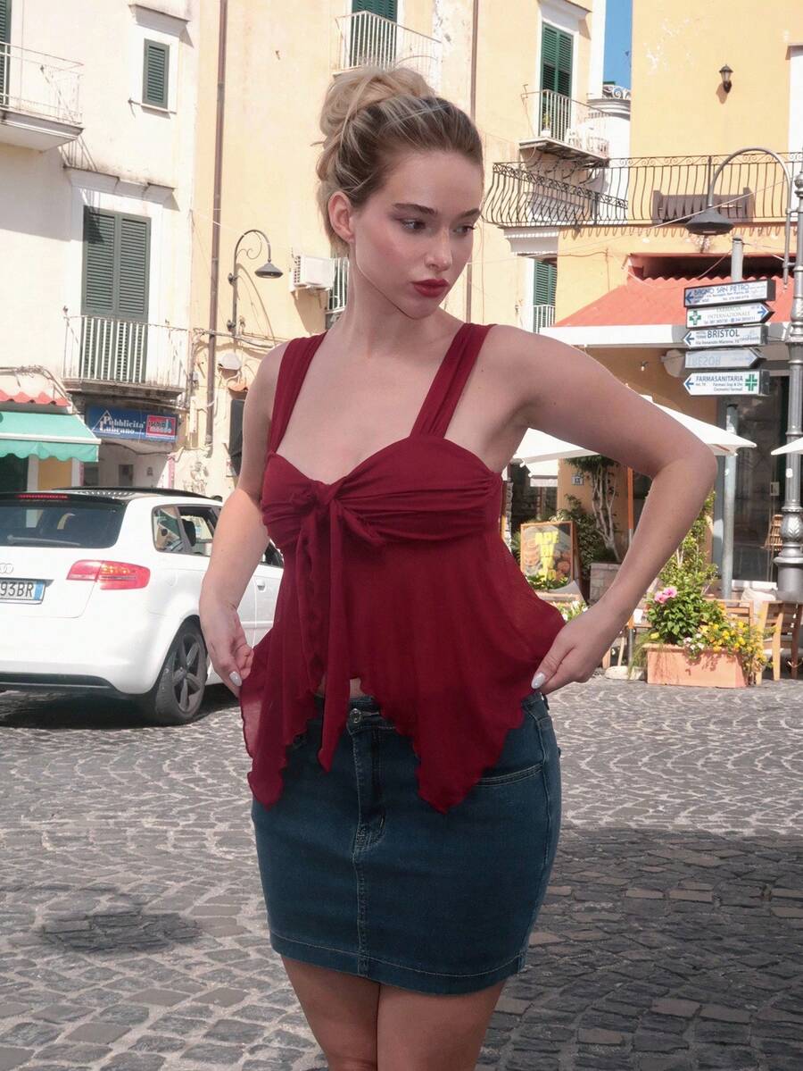 Turnttoni Women's Asymmetrical Hem Ruffle Mesh Camisole Vest, Summer - Burgundy - View 1