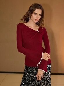 MOTF PREMIUM FAUX PEARL BEADED FLARE SLEEVE TOP, CHRISTMAS, RED, NEW YEAR - Red - View 4
