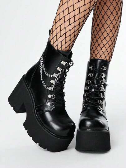 Grunge Punk Women's Casual Thick Sole Wedge Heel Round Toe Ankle Boots, Gothic Punk Style Metal Double Chain Decor Back Zipper Comfortable Party Boots