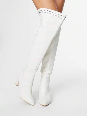 Grunge Punk Damen High Heel Stiefel, vielseitig elegante spitze Zehen Mode PU Plateau Absatz Stiefel, Herbst/Winter