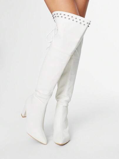 Grunge Punk Botas de tacón alto para mujer, versátiles y elegantes con punta puntiaguda, de moda, con tacón grueso de PU, para otoño/invierno