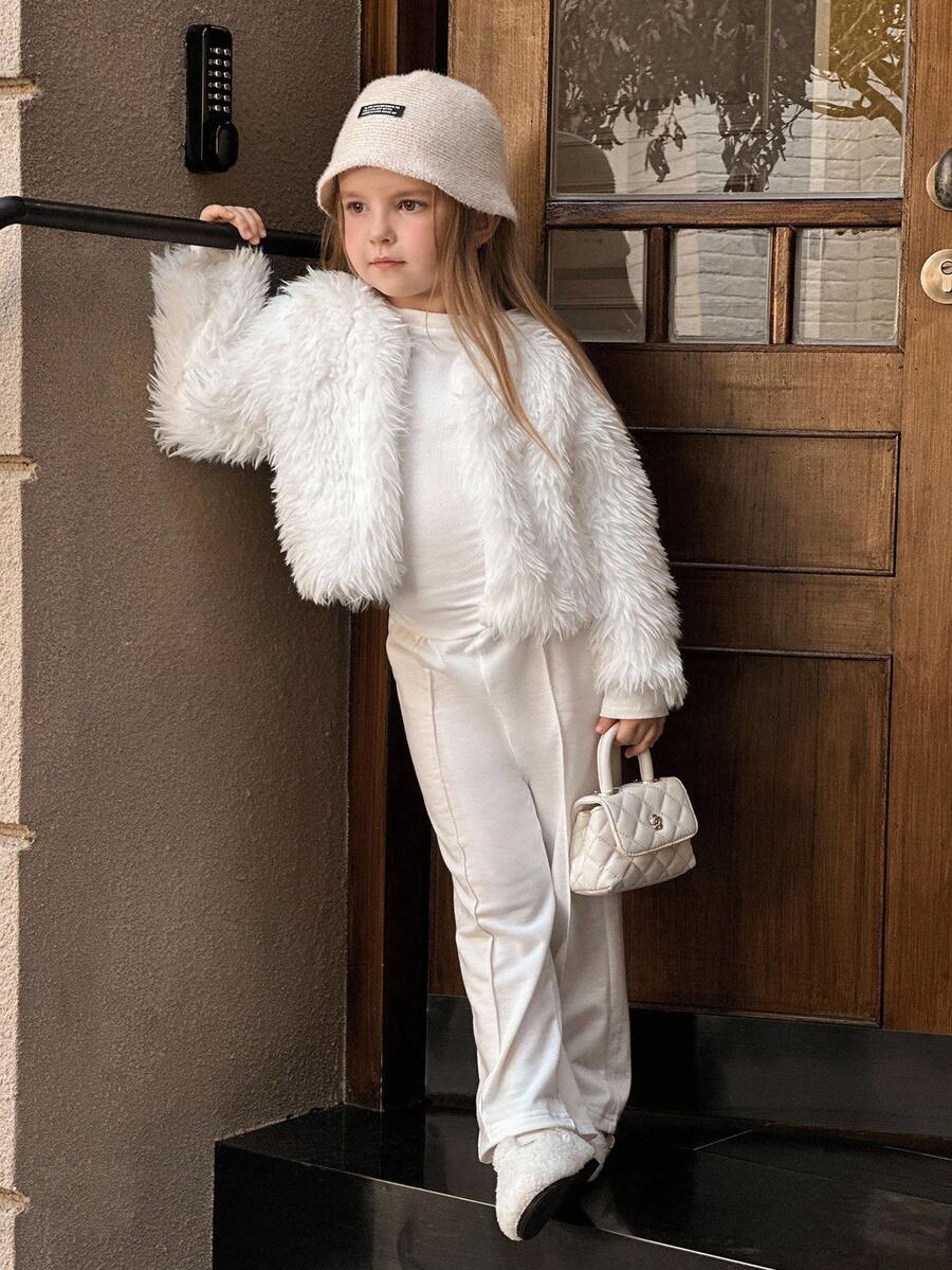 SHEIN Young Girl Solid Color Cross-Front Waist Wide-Leg Summer Pants Fall Winter - White - View 1