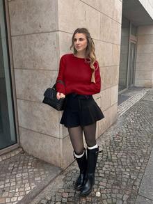 Pariaura Áo len cổ tròn tay dài thắt nơ sau lưng chữ V cho nữ, Thu/Đông - Fiery Red - Xem 5