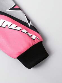 SHEIN Young Girls' Colorblock Letter Print Cropped Long Sleeve Loose Stand Collar Zip-Up Bomber Jacket, Suitable For Autumn - Multicolor - View 5