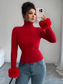 SHEIN Elenzya 优雅扭纹领拼接针织衫 长袖 修身 红色 通勤适用 秋冬 - 紅色 - 查看 3