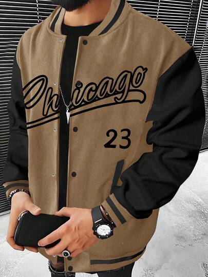 Manfinity Homme Chaqueta de béisbol casual de manga larga con estampado de letras y contraste de color, de un solo abotonado para hombre, otoño