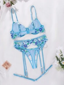 SHEIN 5pcs Fashionable Sexy Embroidered Blue Women's Lingerie Set - Blue - View 2