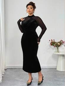 Elenzga 大码女式天鹅绒拼布紧身连衣裙，高弹性，3D塑形，性感优雅，适合派对、下午茶、通勤、时尚外出，黑色 - 黑色 - 查看 5