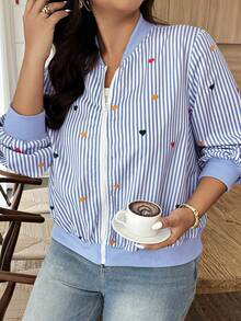 Weeklong Plus Size Women Heart Striped Long Sleeve Zip Up Front Baseball Jacket - Blue - View 4