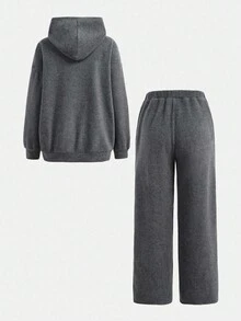 SHEIN Girlism 2 件套休闲百搭校园运动英文图案灰色连帽衫，适合青少年女孩，秋冬 - 灰色 - 查看 2