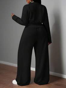 Slaydiva Ensemble décontracté femme grande taille, couleur unie, veste à capuche zippée à manches longues et pantalon, automne/hiver - Noir - Voir 14