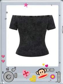 Paul Frank X ROMWE Plus Size Women Vintage Acid-Washed Monkey Print Off Shoulder T-Shirt - Black - View 2