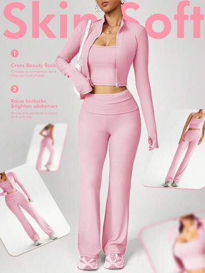 Dewbera Women's 3 PiecesYoga Workout Set, Casual Sexy Outdoor Running U-Neck Top, Comfortable Tummy Control Lifting Leggings, High Neck Tight Fit Long Sleeve Thumb Hole Jacket