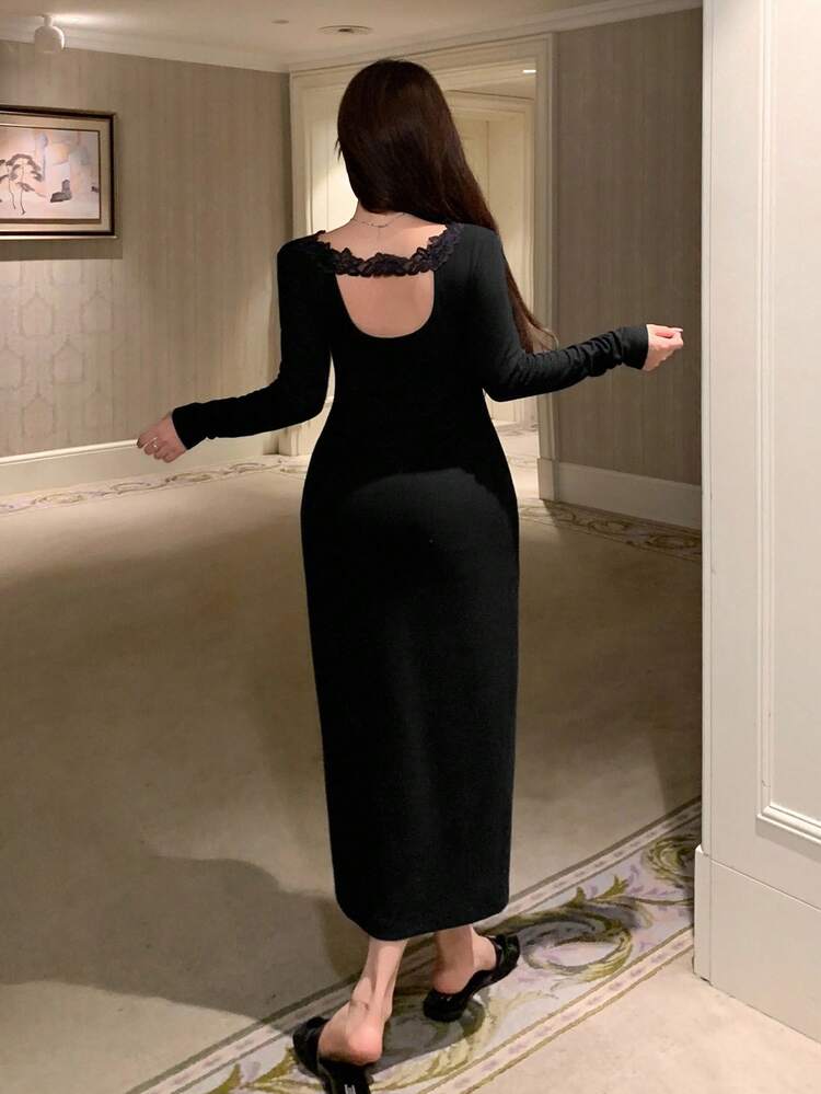 Women's Long Lace Patchwork Fleece Knit Waist Hollow Back Design Lounge Dress, Winter, Fluffy, Cozy