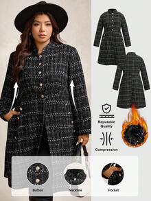 Zelara Plus Size Women Elegant Commuter Thick Tweed Long Blazer In Fall/Winter - Black - View 1