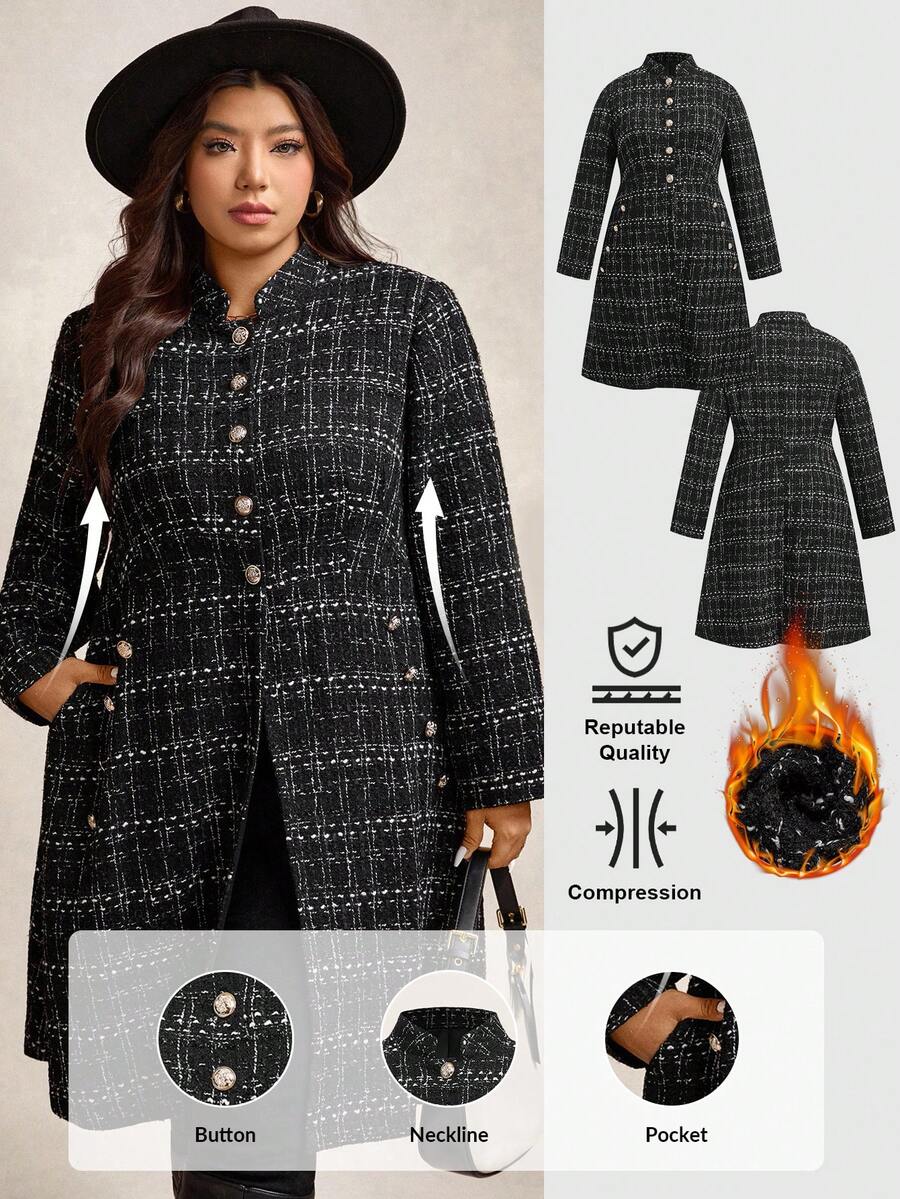 Zelara Plus Size Women Elegant Commuter Thick Tweed Long Blazer In Fall/Winter - Black - View 1