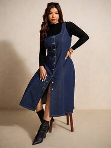 Elaquor 大码休闲通勤前扣无袖牛仔连衣裙