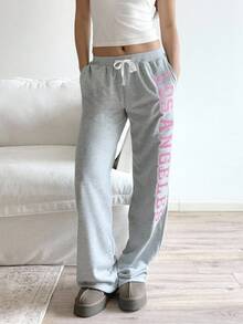 SHEIN Unity 女式灰色和粉色洛杉矶城市名刺绣低腰抽绳系带复古宽松运动裤，时尚休闲百搭通勤家居服运动服设计，秋冬 - 灰色 - 查看 1