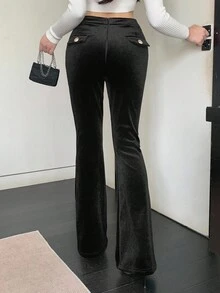 DAZY Quần ống loe đính nút kim loại thời trang thanh lịch, lót nhiệt dành cho nữ, quần dài thường ngày cơ bản cho mùa thu đông - màu đen - Xem 9