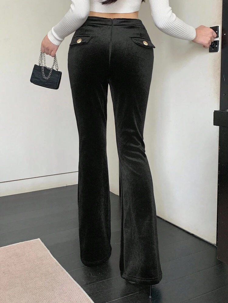 Women's Thermal Lined Slim Fit Elegant Fashion Metal Button Decor Flare Pants, Basic Casual Trousers For Autumn & Winter