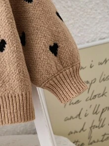 SHEIN 女嬰可愛心形圖案針織毛衣，長袖，適用於秋冬季節 - 棕色 - 查看 5