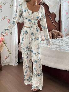 CottageSlumber Ensemble de pyjama à manches longues avec haut à col carré et boutons et pantalon, imprimé floral avec garniture en dentelle. Tenue de détente pour l'automne et l'hiver pour femmes. Ensemble de pyjama floral, vêtements de nuit femme 2 pièces - Multicolore - Voir 5