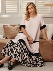 Rosumi Plus Size Women's Ripe Elegant Round Neck Color Block Border Casual Daily Wear Long Mother's Day Dress - Multicolor - View 2