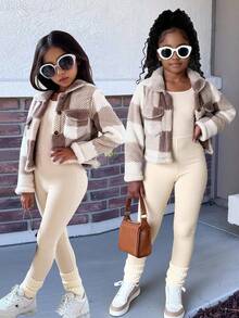 女小童大格紋翻蓋口袋毛絨夾克&吊帶連體褲 - 彩色 - 查看 1