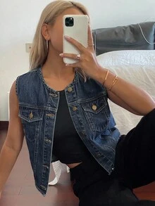 Livesso 女式夏季圆领修身无袖牛仔夹克，休闲短款上衣 - 中等水洗藍 - 查看 7